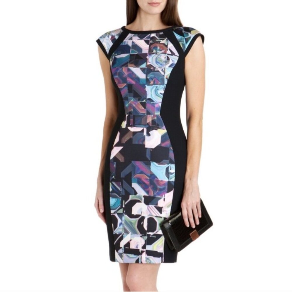 Ted Baker Sibonny Dress Geo Print Crew Neck Cap Sleeve Short Sheath US 6